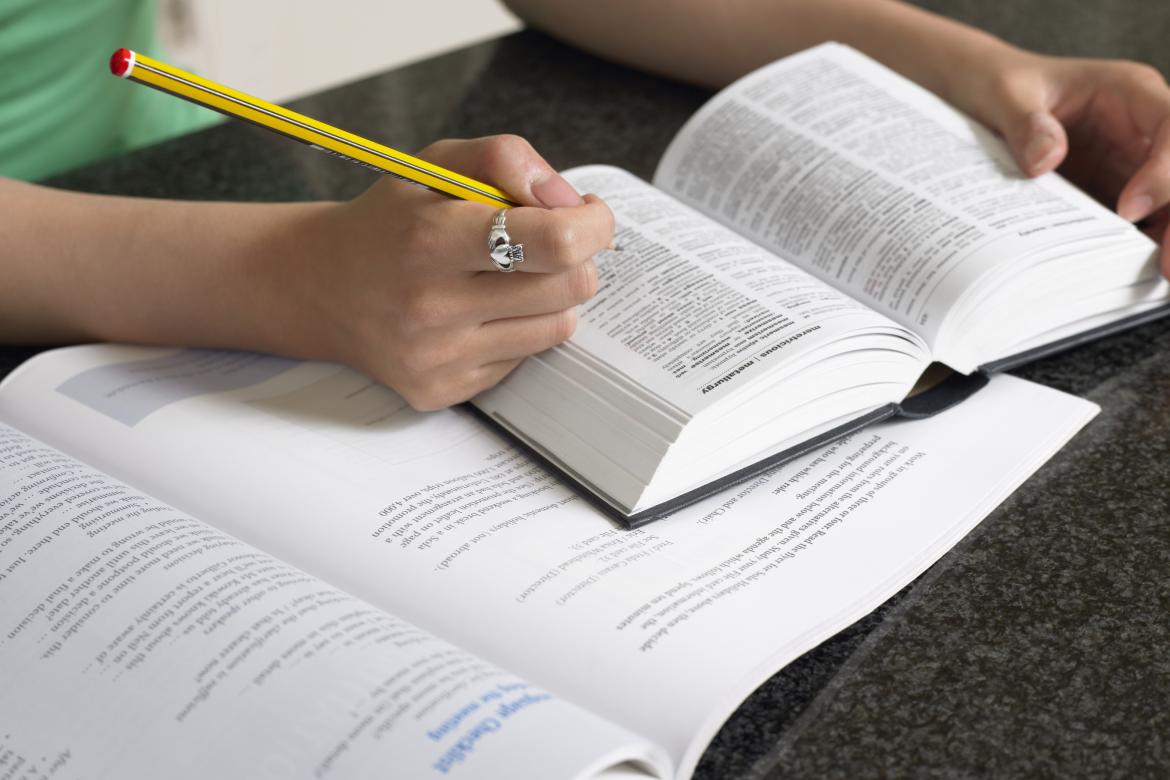 Una persona con un diccionario en la mano.