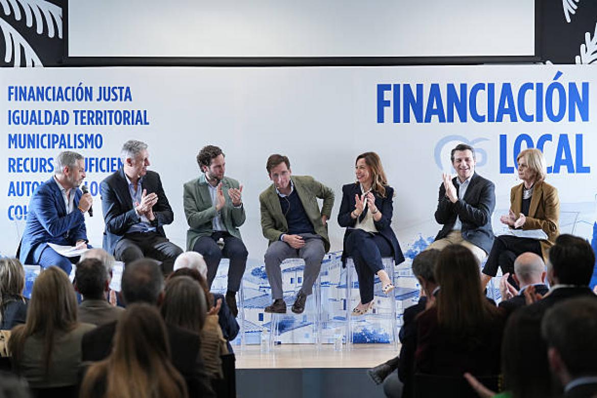 BARCELONA, SPAIN - MARCH 17: (L-R) The PP Deputy Secretary of Finance, Housing and Infrastructures, Juan Bravo, the Mayor of Badalona, Xavier Garcia Albiol, the Mayor of Monzon, Isaac Claver, the Mayor of Madrid, Jose Luis Martinez Almeida, the Mayor of Zaragoza, Natalia Chueca, the Mayor of Cordoba, Jose Maria Bellido, and the Mayor of Jerez, Maria Jose Garcia Pelayo, during a PP event on local funding, in the Talent Garden, Natalia Chueca, the Mayor of Cordoba, Jose Maria Bellido, and the Mayor of Jerez, Maria Jose Garcia Pelayo, during a PP event on local financing, at the Talent Garden, on 17 March, 2026 in Barcelona, Catalonia, Spain. Several mayors of the Partido Popular met today in the city of Barcelona to discuss local funding.[**********]. (Photo By David Zorrakino/Europa Press via Getty Images)