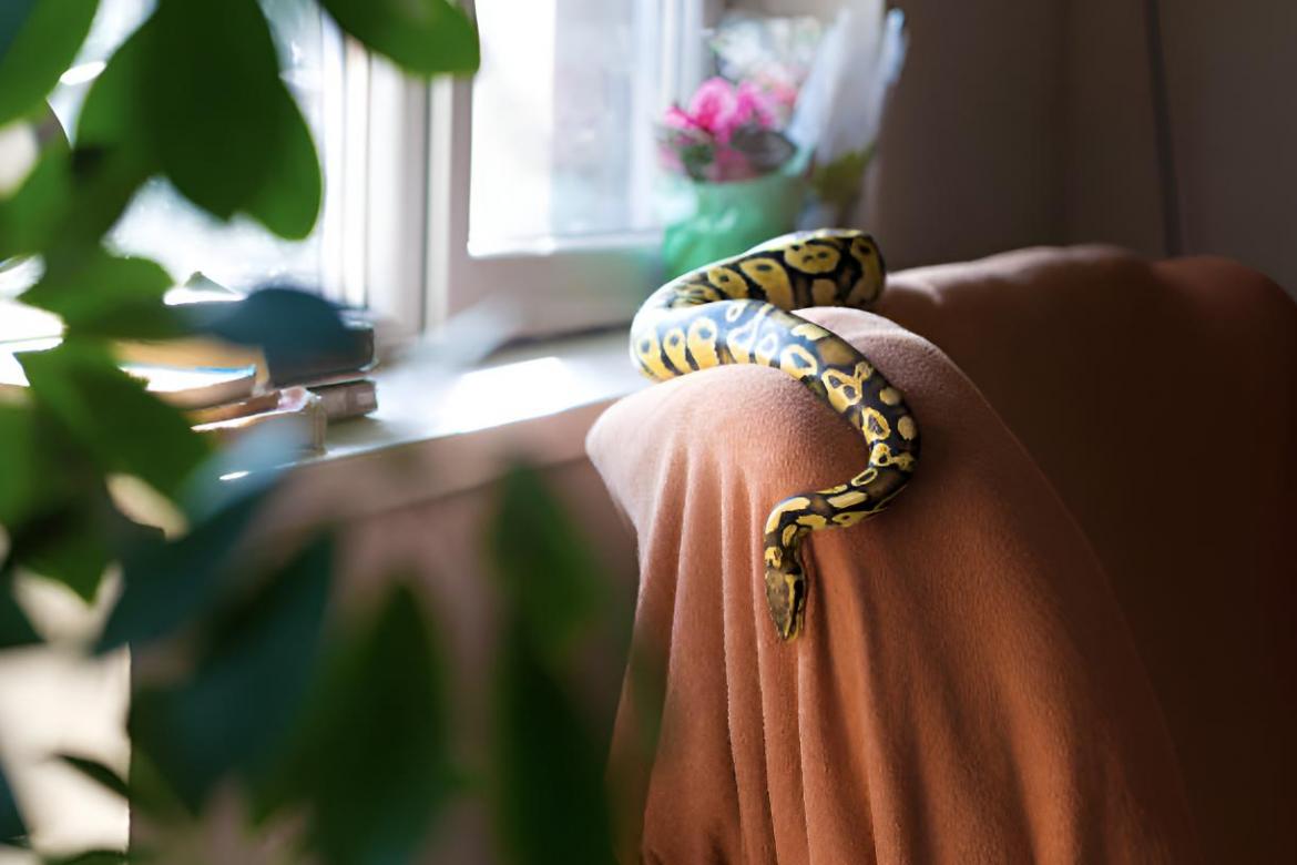 Una serpiente en el sofá del interior de una casa