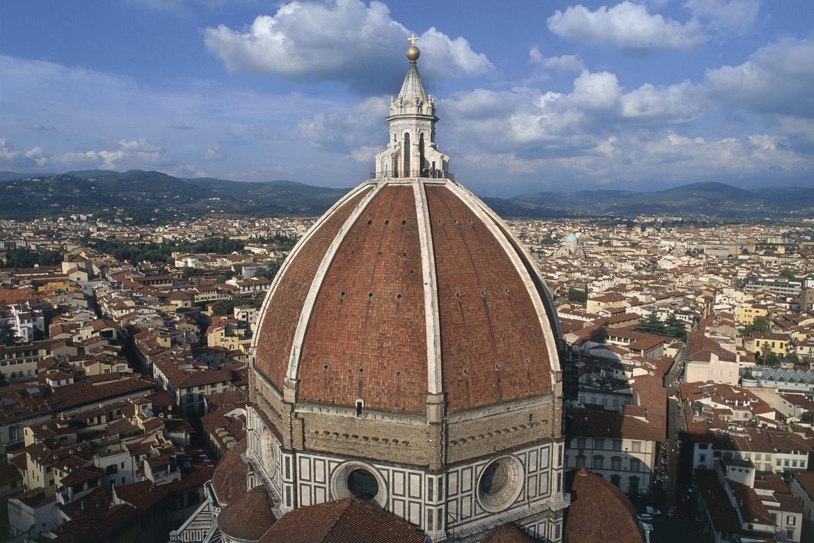 UNSPECIFIED - AUGUST 01: Aerial view of the dome by Brunelleschi of Santa Maria del Fiore Cathedral, in the historic centre of Florence (UNESCO World Heritage List, 1982) - Tuscany Region, Italy (Photo by DeAgostini/Getty Images)