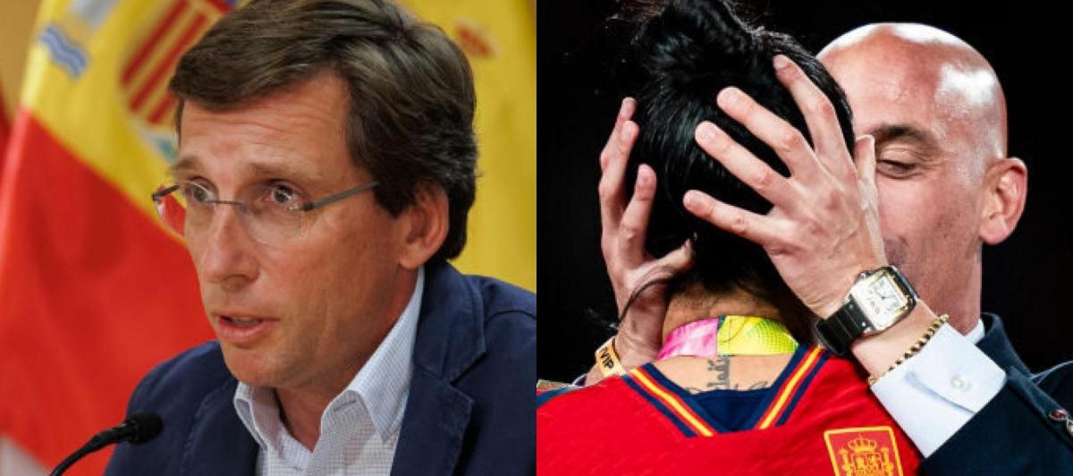 El alcalde de Madrid, José Luis Martínez-Almeida, y el momento del beso no consentido de Luis Rubiales a Jenni Hermoso; en sendas imágenes de archivo.