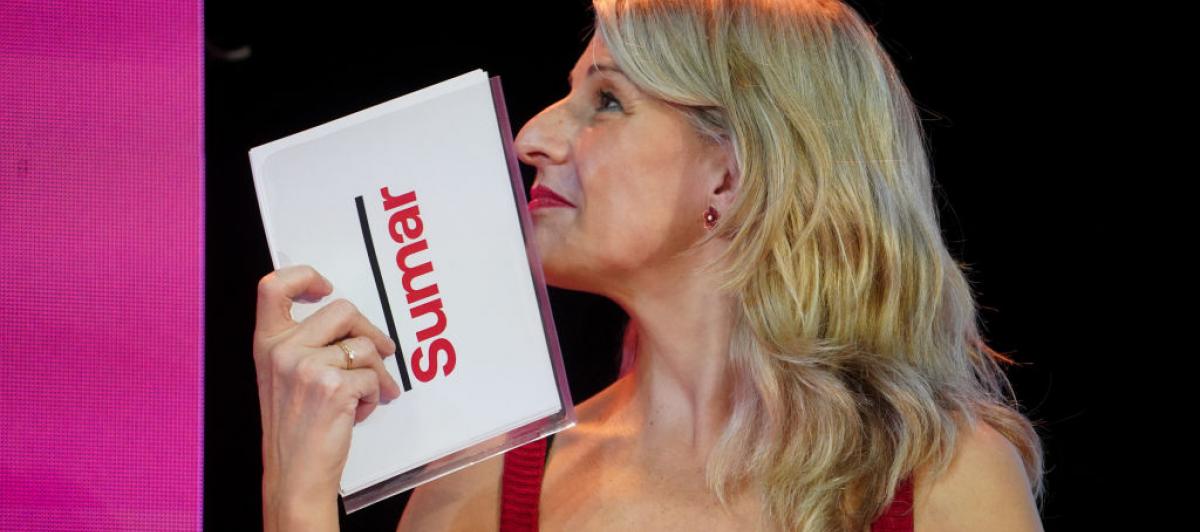 Yolanda Díaz, vicepresidenta segunda del Gobierno, ministra de Trabajo y candidata de Sumar, durante un acto de campaña en Valencia este 8 de julio.