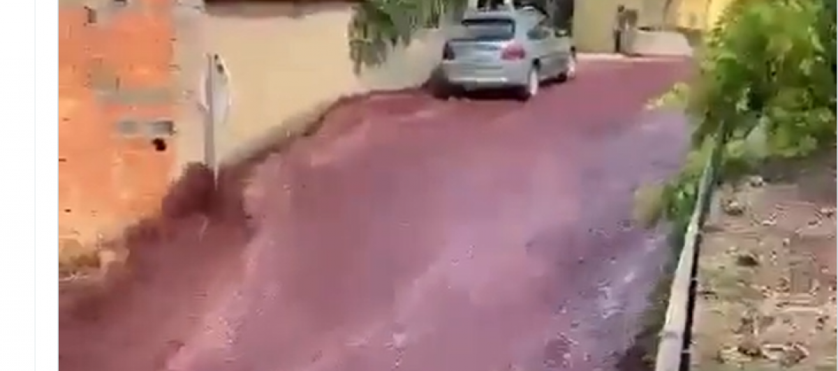 Captura del vídeo en el que se ve una calle inundada de vino tinto.