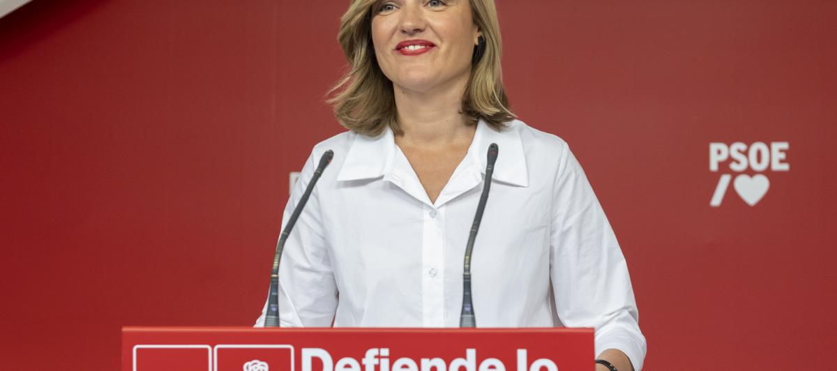 Pilar Alegría, durante una rueda de prensa de la Ejecutiva del PSOE en abril de 2023.