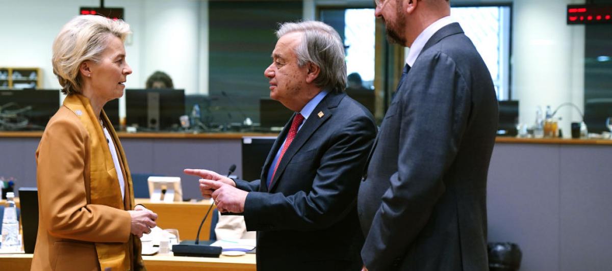 Ursula von der Leyen y Charles Michel, en una reunión de la UE con Antonio Guterres