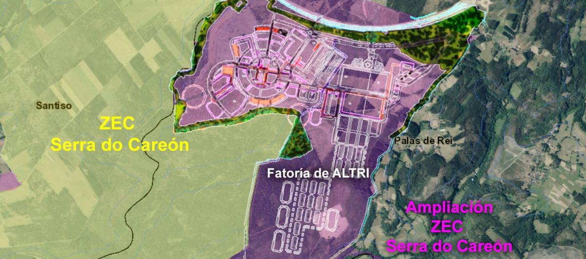 Mapa con la superficie que ocupará la planta de Altri en Palas de Rei (Lugo) y su proximidad a la Zona de Especial Conservación (ZEC) de Serra do Carón.
