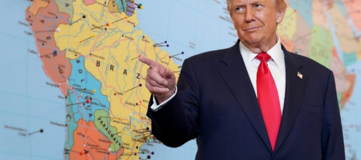 Fotomontaje de Donald Trump con un mapamundi.