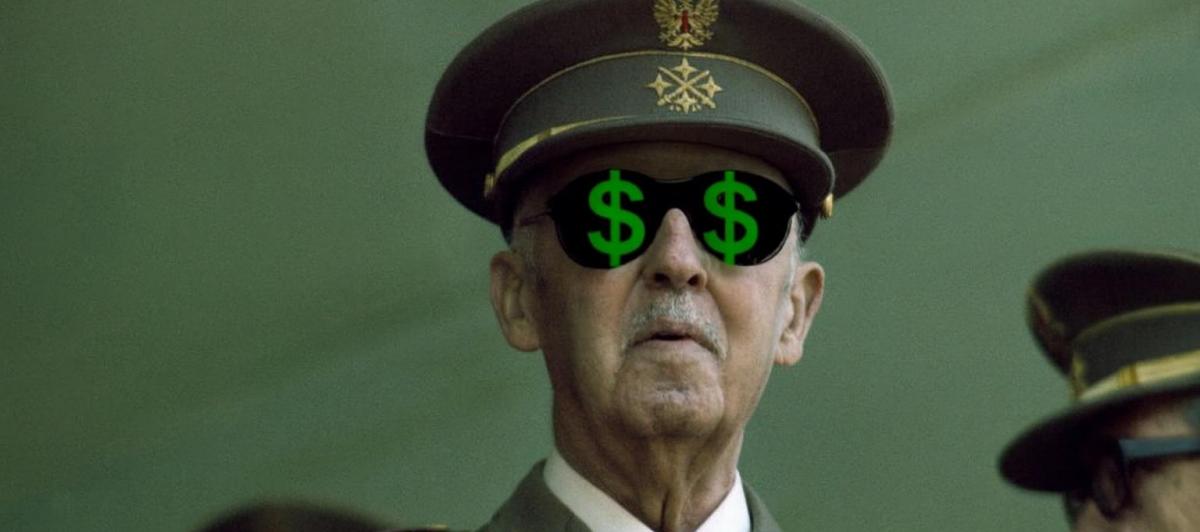 El dictador Francisco Franco, en una imagen modificada por la IA en la que aparece con gafas negras con el símbolo del dólar.