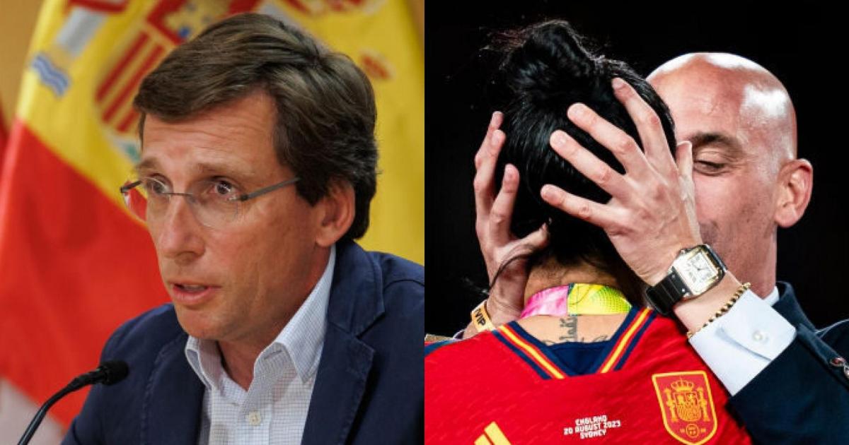 El alcalde de Madrid, José Luis Martínez-Almeida, y el momento del beso no consentido de Luis Rubiales a Jenni Hermoso; en sendas imágenes de archivo.