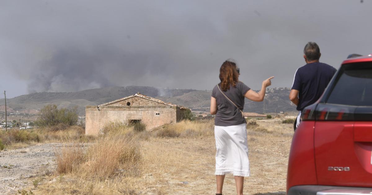 Dos personas observan cómo se propaga el incendio forestal el 10 de julio de 2026 en Los Gallardos, Almería, Andalucía, España.
