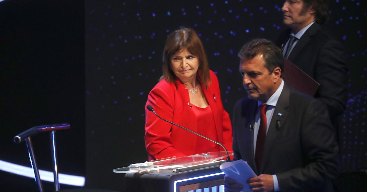 Los tres candidatos a las elecciones generales de Argentina, Javier Milei, Patricia Bullrich y Sergio Massa.