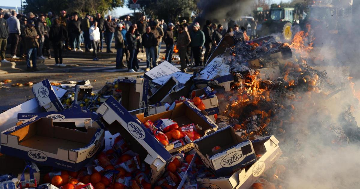 Agricultores franceses queman frutas españolas en la autopista A9, en Nîmes,