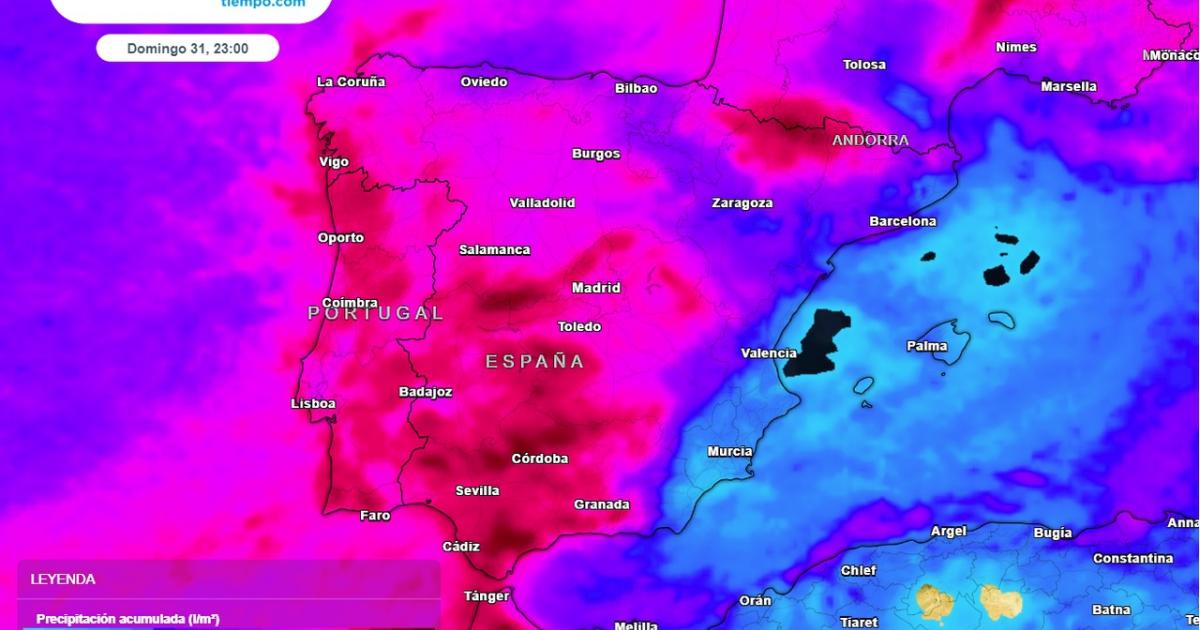 Mapa de precipitación acumulada hasta el domingo 31 de marzo