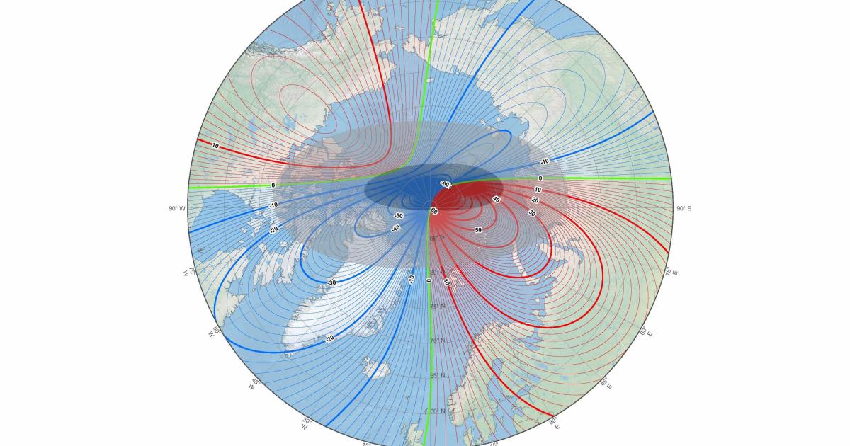 Recreación de un mapa del polo magnético inclinado hacia el norte