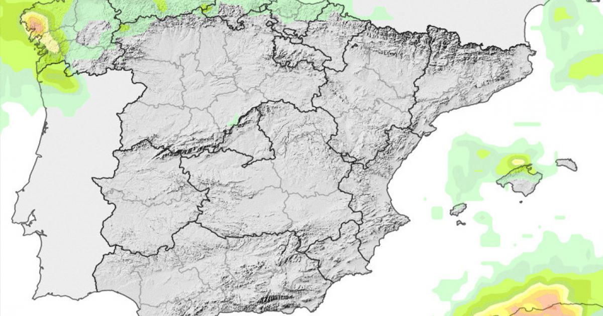 Mapa de probabilidad de precipitación ≥ 10 mm en la Península y Baleares de este jueves