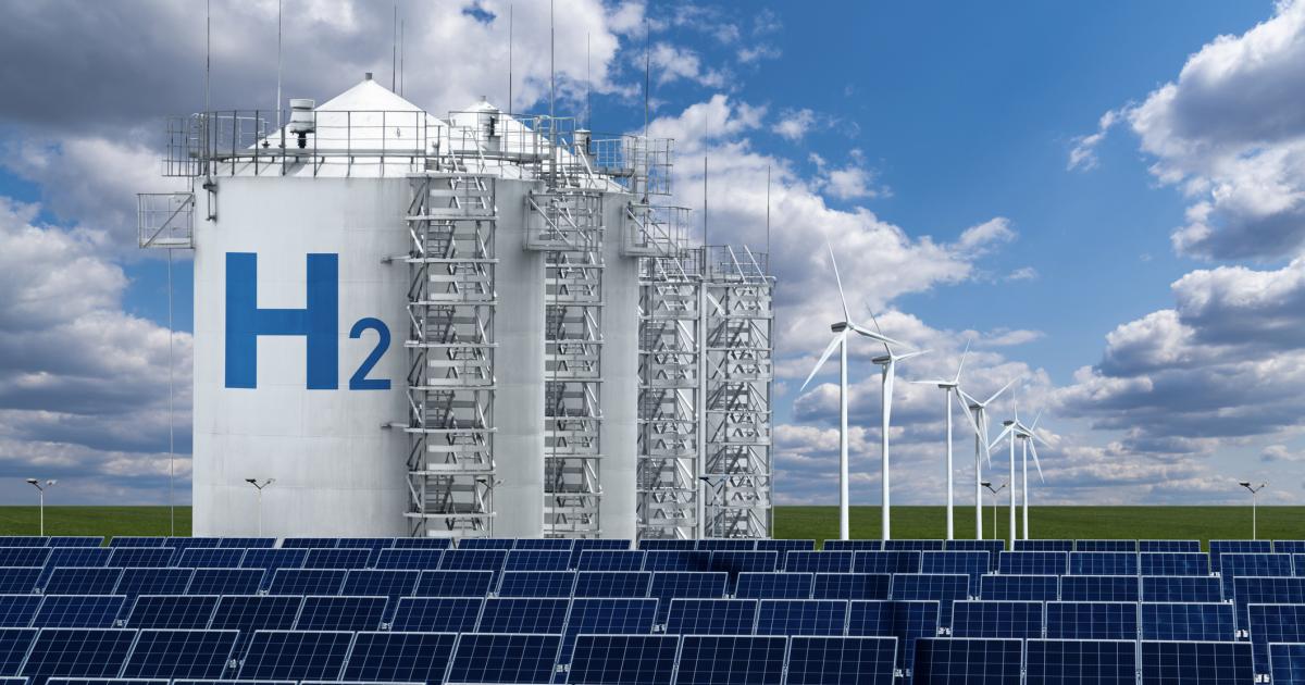 Ilustración con paneles solares, aerogeneradores y tanques de hidrógeno verde.