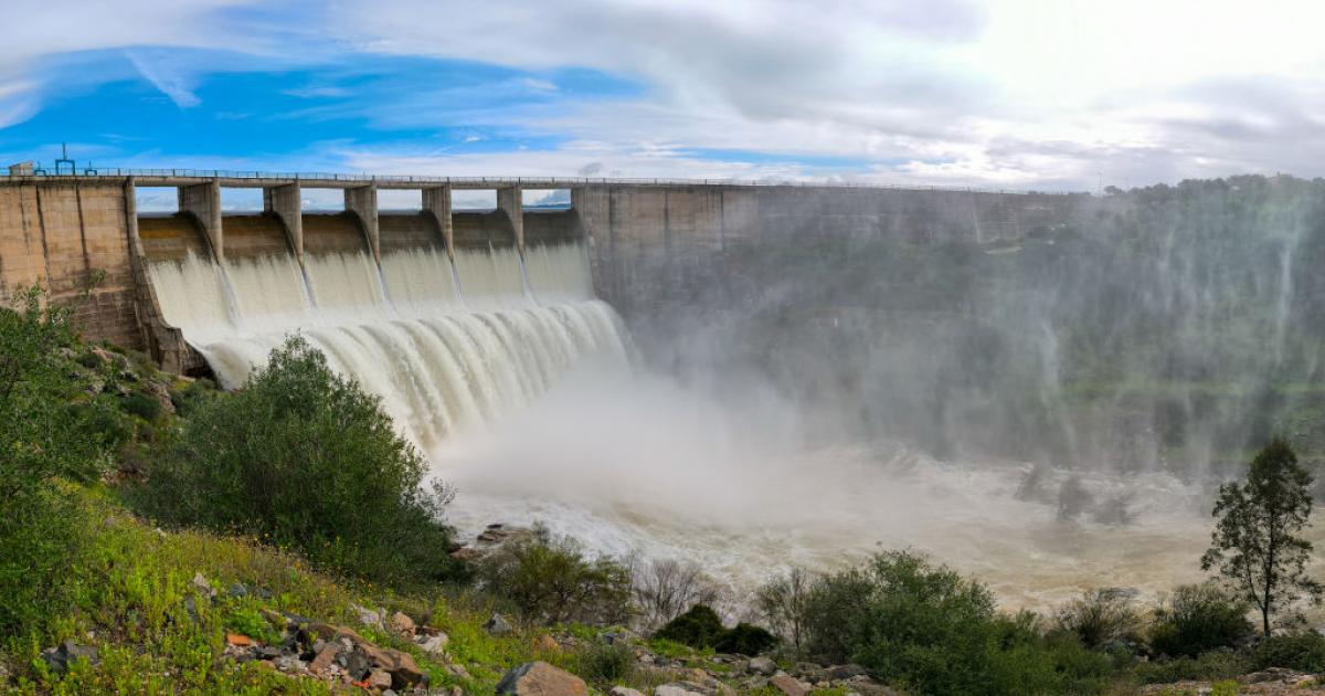 Embalse de los Melonares (Castilblanco de los Arroyos, Sevilla, Andalucía), en marzo de 2025, tras el tren de borrascas.