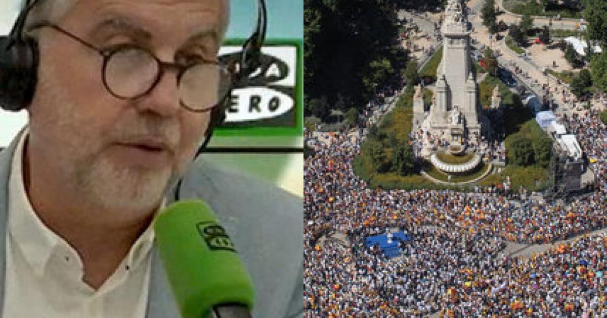 El director de 'Más de Uno' en Onda Cero, Carlos Alsina, y un instante de la manifestación del PP para reclamar la convocatoria de elecciones; en sendas imágenes.