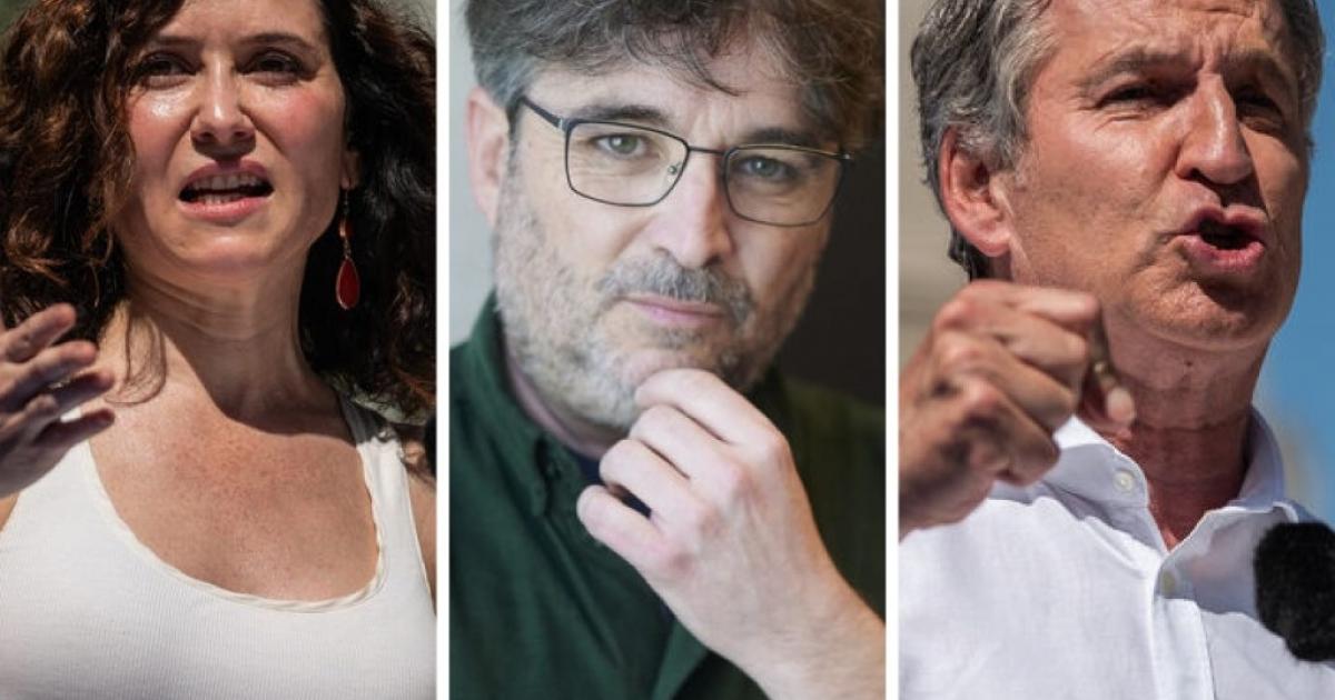 La mandataria madrileña, Isabel Díaz Ayuso, el periodista Jordi Évole, y el líder del PP, Alberto Núñez Feijóo; en sendas imágenes de archivo.