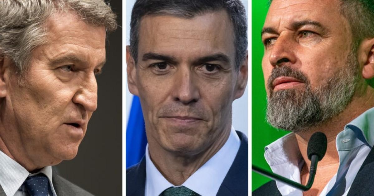 El líder del PP, Alberto Núñez Feijóo; el presidente del Gobierno, Pedro Sánchez; y el dirigente de Vox, Santiago Abascal; en sendas imágenes de archivo.