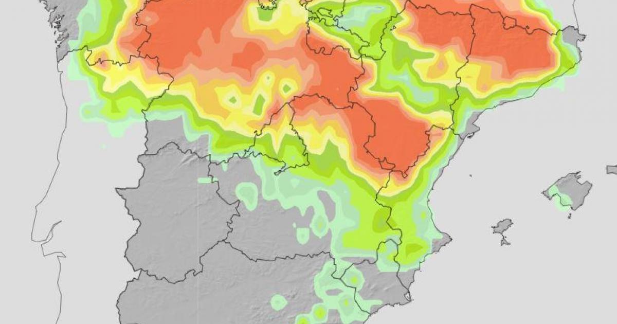 Mapa de probabilidad de precipitación ≥ 0.5 mm en la Península y Baleares de cara al 3 de julio de 2025
