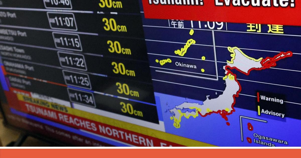 Un aviso en la televisión japonesa tras el terremoto de 8,8 en la península de Kamchatka.