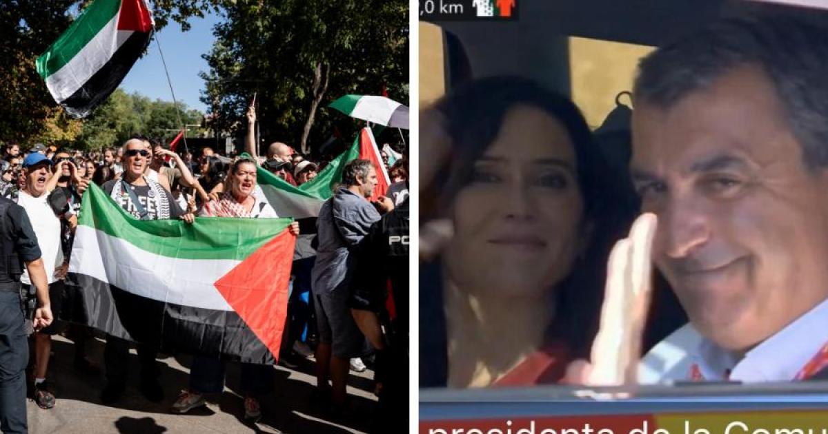 Manifestantes en La Vuelta y la presidenta de la Comunidad de Madrid, Isabel Díaz Ayuso.