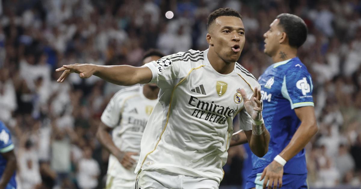 Kylian Mbappé celebrando el segundo de sus goles al Olympique de Marsella en la fase liga de la Champions League 2025-2026