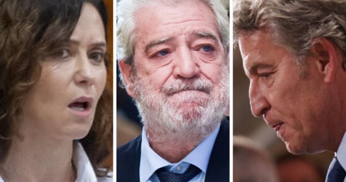 La presidenta de la Comunidad de Madrid, Isabel Díaz Ayuso; su jefe de gabinete y exsecretario de Estado de Comunicación Miguel Ángel Rodríguez; y el líder del PP nacional, Alberto Núñez Feijóo; en sendas imágenes de archivo, respectivamente.