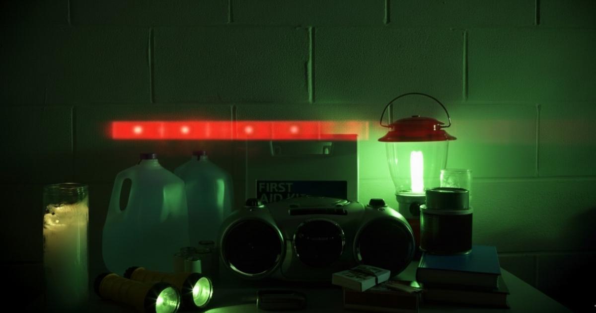 Fotomontaje con varios de los artículos que componen el kit de supervivencia de 72 horas de la UE, con las luces de 'Kitt', de la serie 'El coche fantástico' ('Knigth Rider'), de fondo.