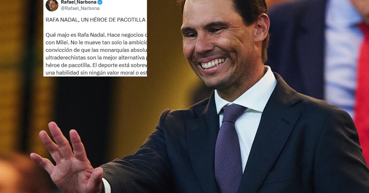 Fotomontaje de Rafael Nadal, saludando, y un tuit de Rafael Narbona