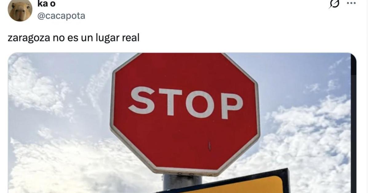 Tuit de @cacapota con una señal vista en Zaragoza de Stop y debajo indicaciones de calles cortadas