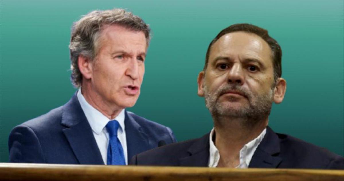El líder del Partido Popular, Alberto Núñez Feijóo, y el exministro de Transportes, José Luis Ábalos, recién entrado en prisión.