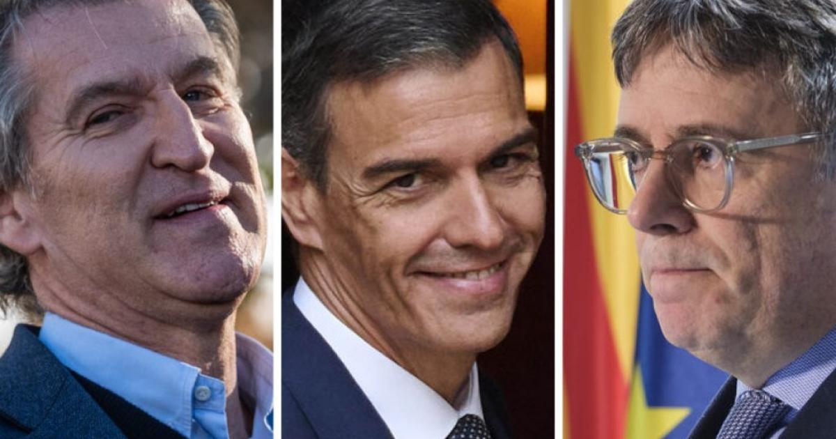 El líder del PP, Alberto Núñez Feijóo; el presidente del Gobierno, Pedro Sánchez, y el dirigente de Junts y 'expresident', Carles Puigdemont; en sendas imágenes de archivo, respectivamente.