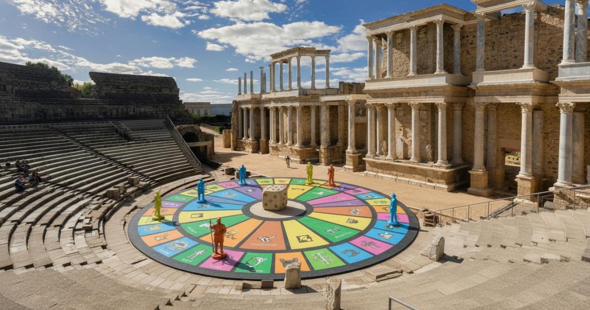 Ilustración digital generada por IA con un juego similar al Trivial en el anfiteatro romano de Mérida (Badajoz, Extremadura).