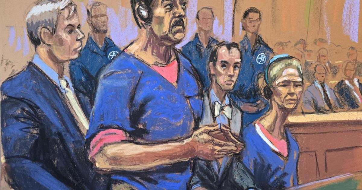 Fotografía de un dibujo realizado por la artista Jane Rosenberg donde aparece el presidente de Venezuela, Nicolás Maduro (c), junto a su esposa,, Cilia Flores (d), compareciendo ante un tribunal federal este lunes, en Nueva York