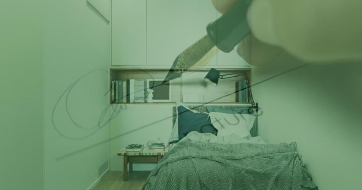 Montaje de imágenes de una pequeña habitación con un detalle de una firma de contrato en segundo plano.