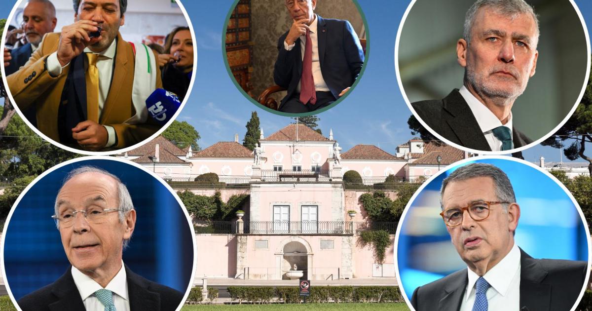 Fotomontaje con los principales candidatos a relevar a Marcelo Rebelo en la Presidencia de Portugal: André Ventura, Henrique Gouveia e Melo, Luís Marques y António José Seguro.