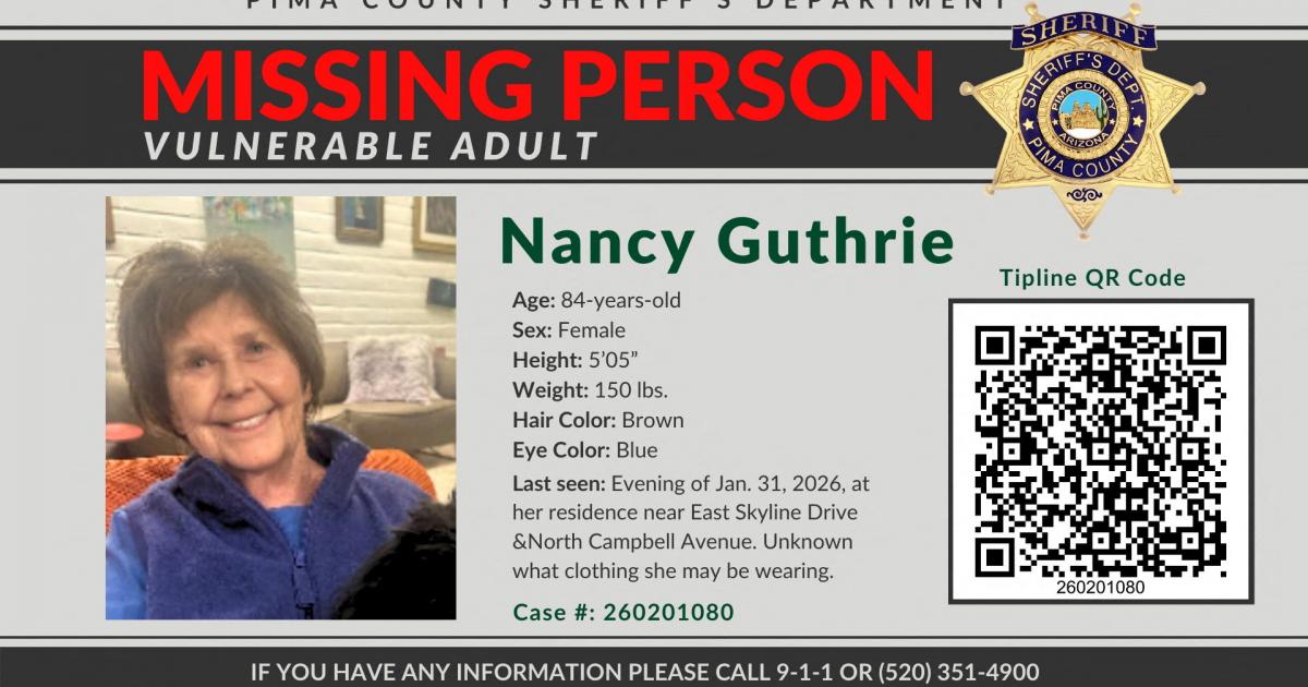 Aviso policial sobre la desaparición de Nancy Guthrie, la madre de 84 años de la periodista y presentadora de televisión Savannah Guthrie, quien desapareció de su casa en Tucson, el 1 de febrero de 2026.