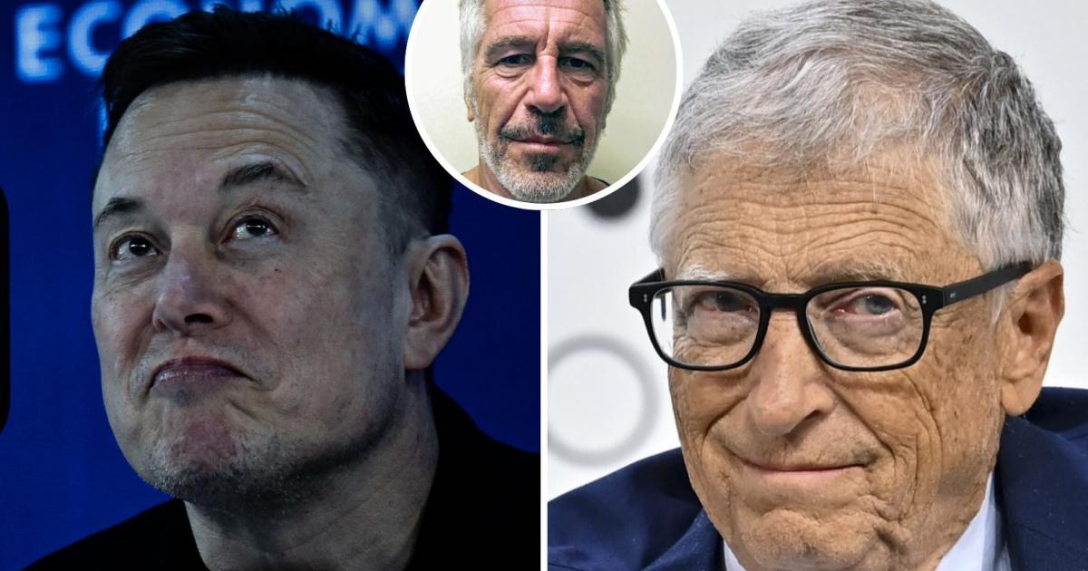 Combo de imágenes de archivo de los magnates tecnológicos Elon Musk y Bill Gates; con un detalle del pedófilo Jeffrey Epstein en el círculo.