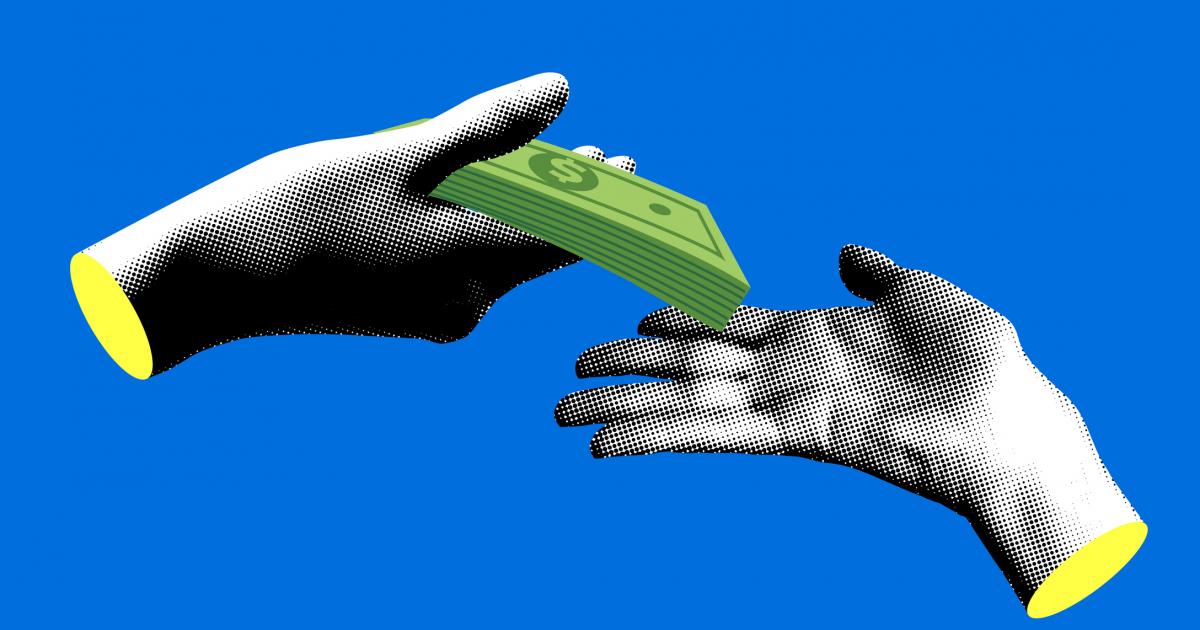 Ilustración de una transacción de dinero, de mano a mano.