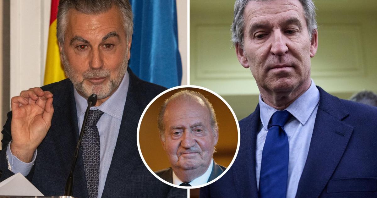 Combo de imágenes del periodista Carlos Alsina y el líder del Partido Popular, Alberto Núñez Feijóo; con un detalle del rey emérito en el círculo.