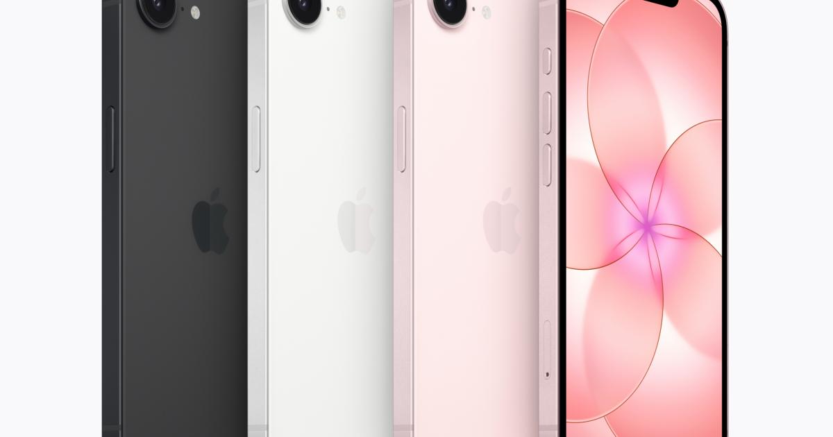El nuevo iPhone 17e en sus tres colores principales.
