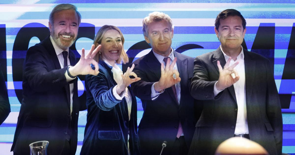 Azcón, Guardiola, Feijóo y Fernández Mañueco, en la reunión de la Junta Directiva Nacional de este lunes