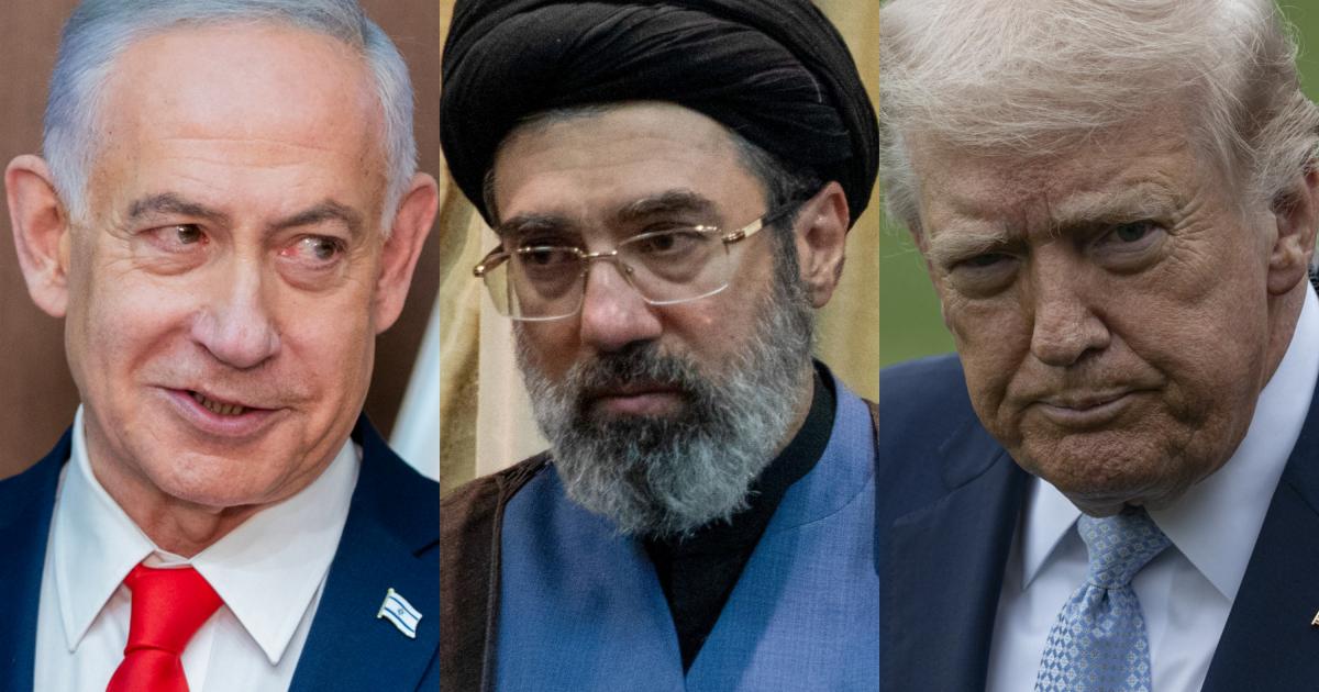El primer ministro de Israel, Benjamin Netanyahu; el líder supremo de Irán, Mojtaba Jamenei, y el presidente de EEUU, Donald Trump, en imágenes de archivo.