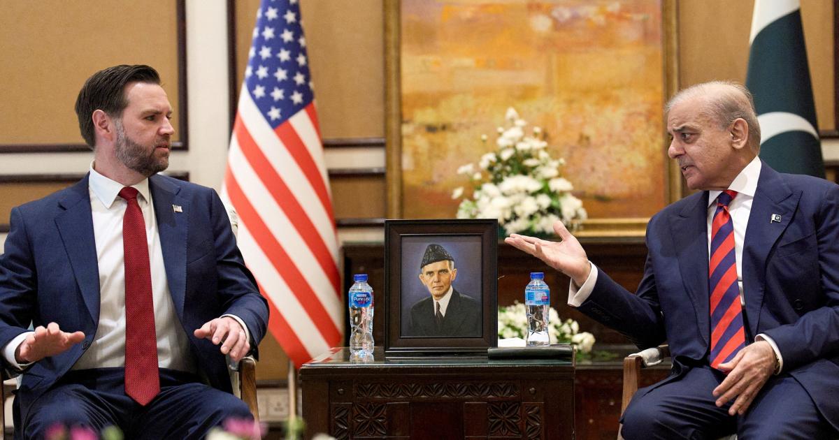 U.S. Vice President JD Vance, left, meets with Pakistan's Prime Minister Shehbaz Sharif for talks about Iran, in Islamabad, Pakistan, April 11, 2026,     Jacquelyn Martin/Pool via REUTERS