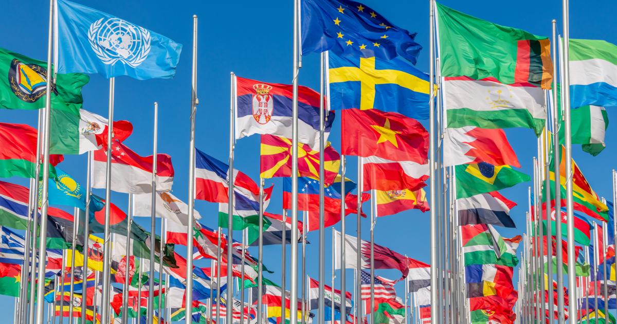 Ramillete de banderas nacionales de todo el mundo, incluyendo la de la ONU.
