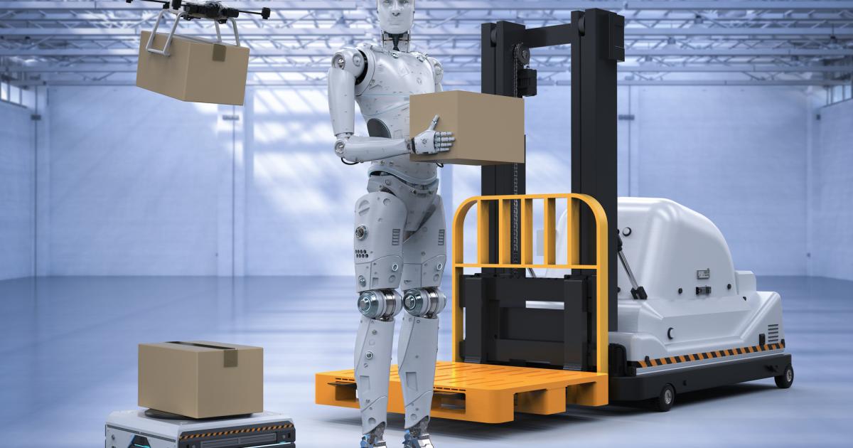 Carretilla elevadora automática con robot de almacén y dron en renderizado 3D en fábrica.