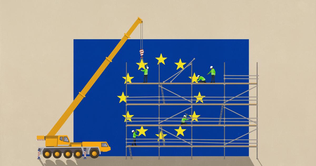 Ilustración que muestra a trabajadores colocando con una grúa las estrellas a una gigantesca bandera de la Unión Europea.