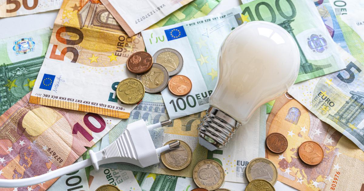 Bombillas, monedas y billetes en una composición fotográfica.